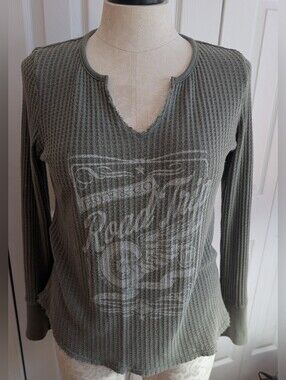 Frye & CO Waffle-Knit Olive Green Graphic Long-Sleeve Top Size XL